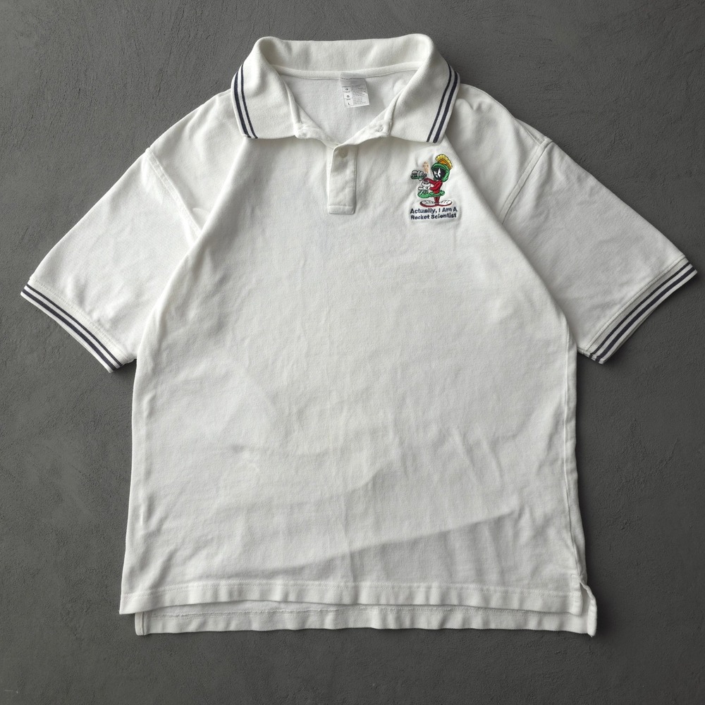 Vintage 90s Warner Bros. White Polo Shirt L Marvin the Martian Rocket Scientist